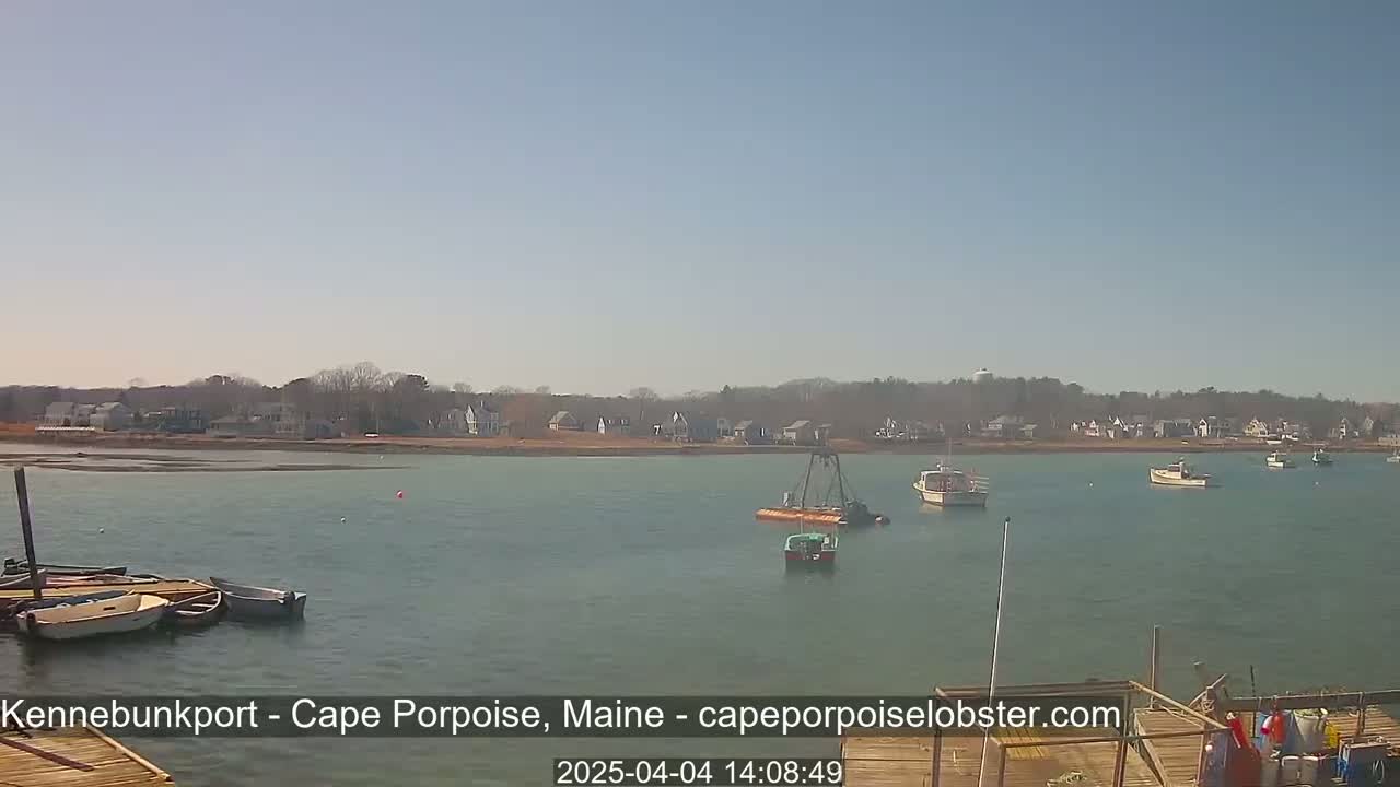 A calm, sunny day shows several boats moored in a harbor, with a small town visible across the water.