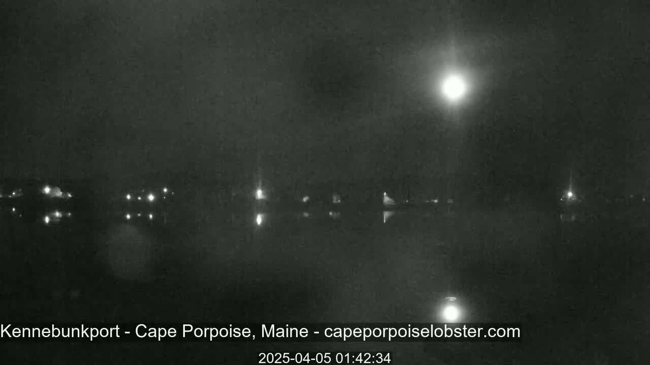 A nighttime view of a body of water with scattered lights on the shore under a bright moon.