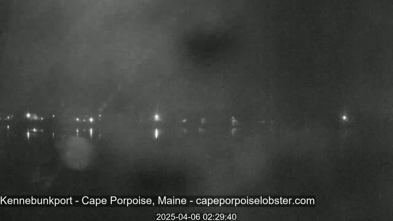 A nighttime, hazy view of a dark body of water with dimly lit buildings or structures visible in the distance.
