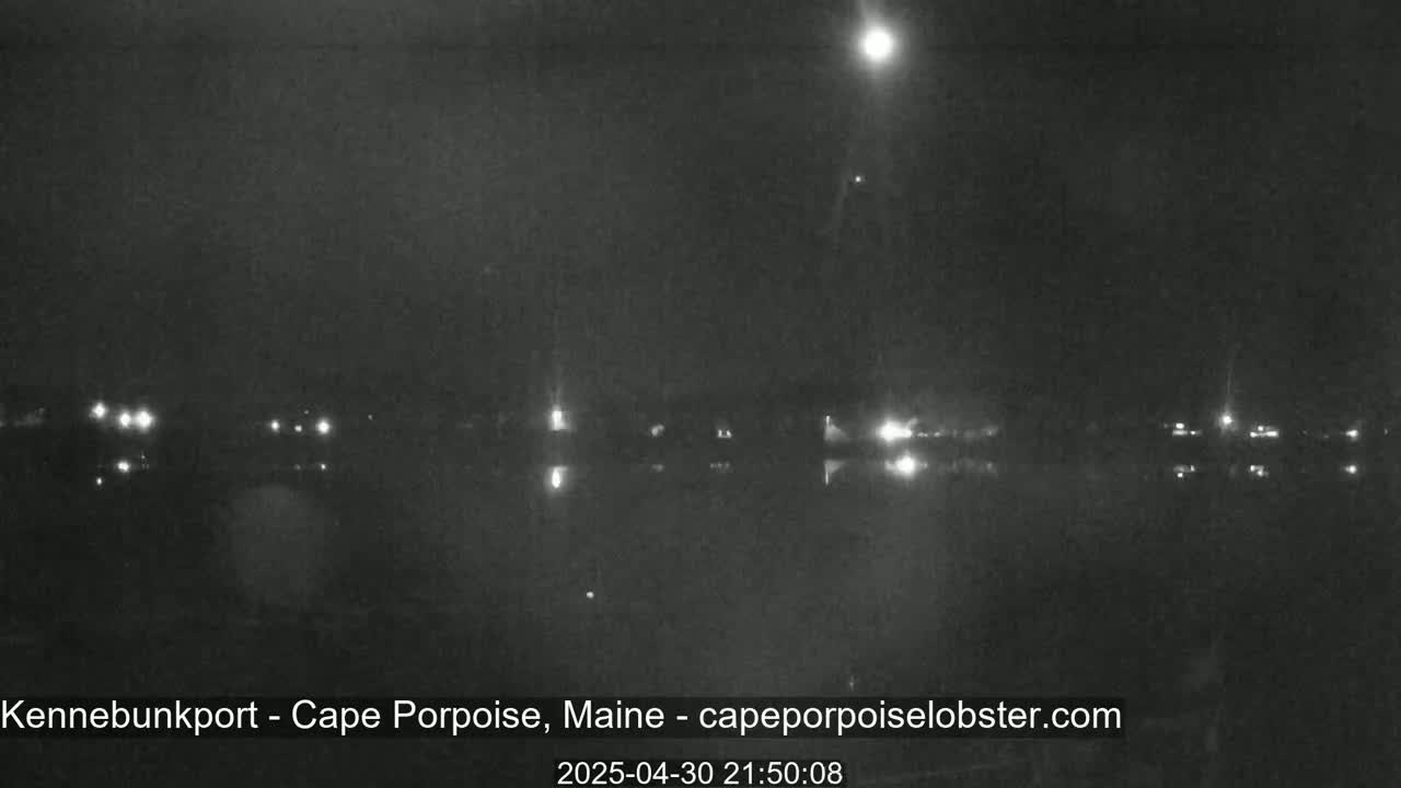 A nighttime long shot shows a dark body of water reflecting the lights of a distant town under a mostly clear sky.