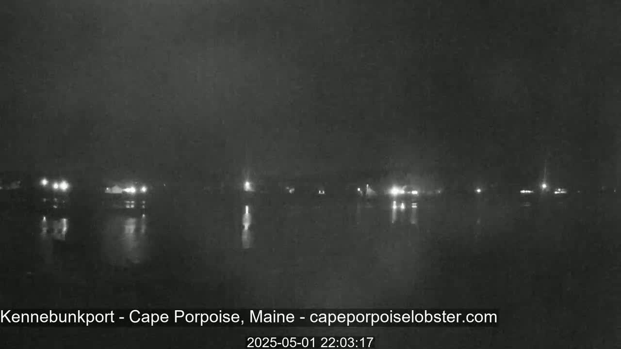 A nighttime view of a calm body of water reflecting the faint lights of a distant shoreline under a dark, overcast sky.