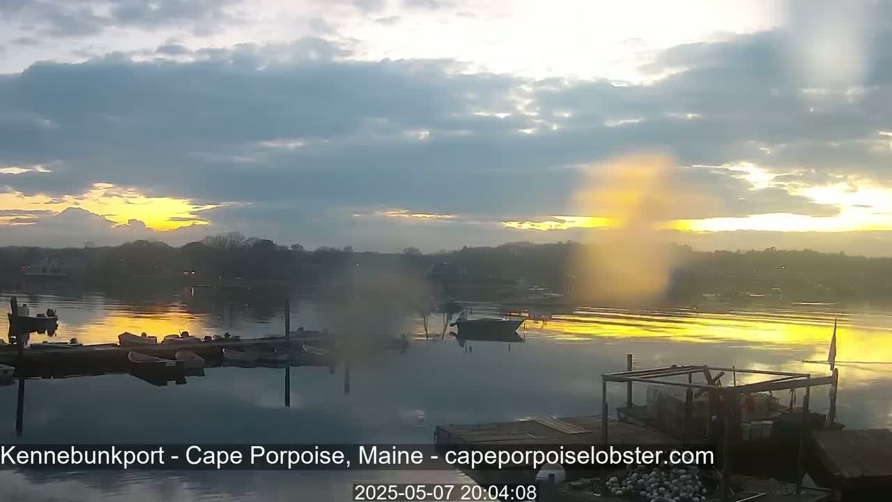 A calm body of water reflects a sunset over a wooded shoreline, with several small boats moored at a dock.