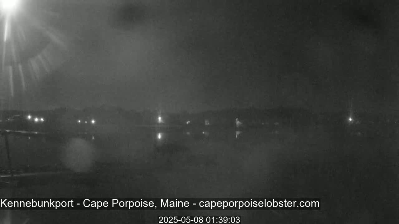 A nighttime, blurry view of a body of water with faintly visible lights on the opposite shore under a dark, possibly overcast sky.
