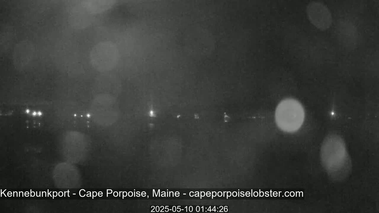 A nighttime, blurry view of a coastline with faint lights visible through heavy rain or fog.