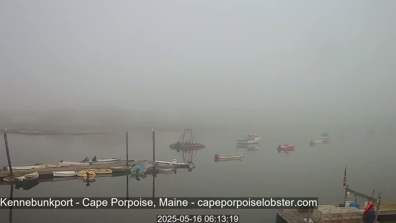 Several small boats are moored at a dock in a harbor shrouded in thick fog.