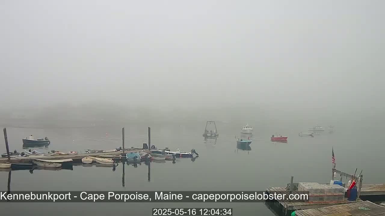 Several small boats are moored at a dock in a thick fog.