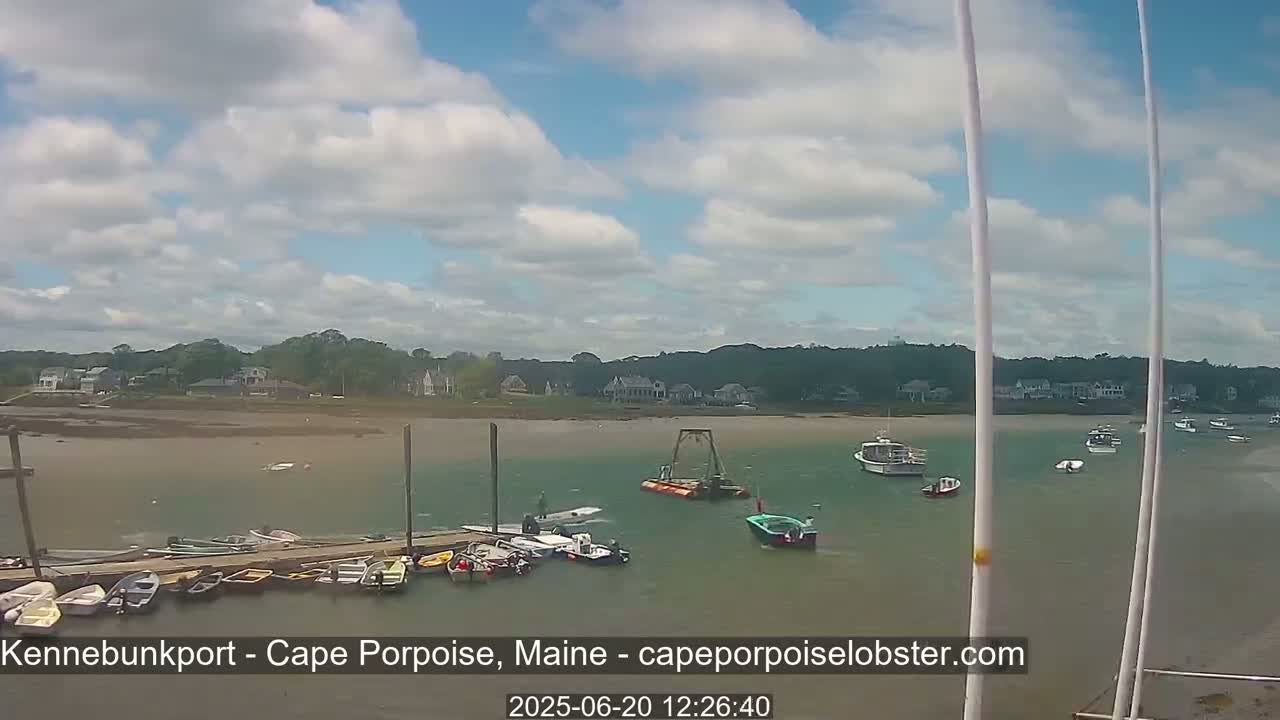 A partly cloudy day shows a harbor with numerous small boats moored at a dock, and several others are in the water.