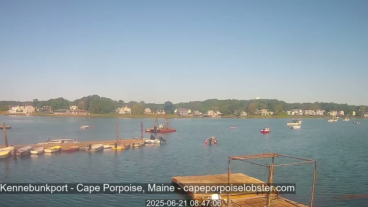 Several small boats are moored at a dock in calm water, with houses and trees visible across the bay under a clear sky.