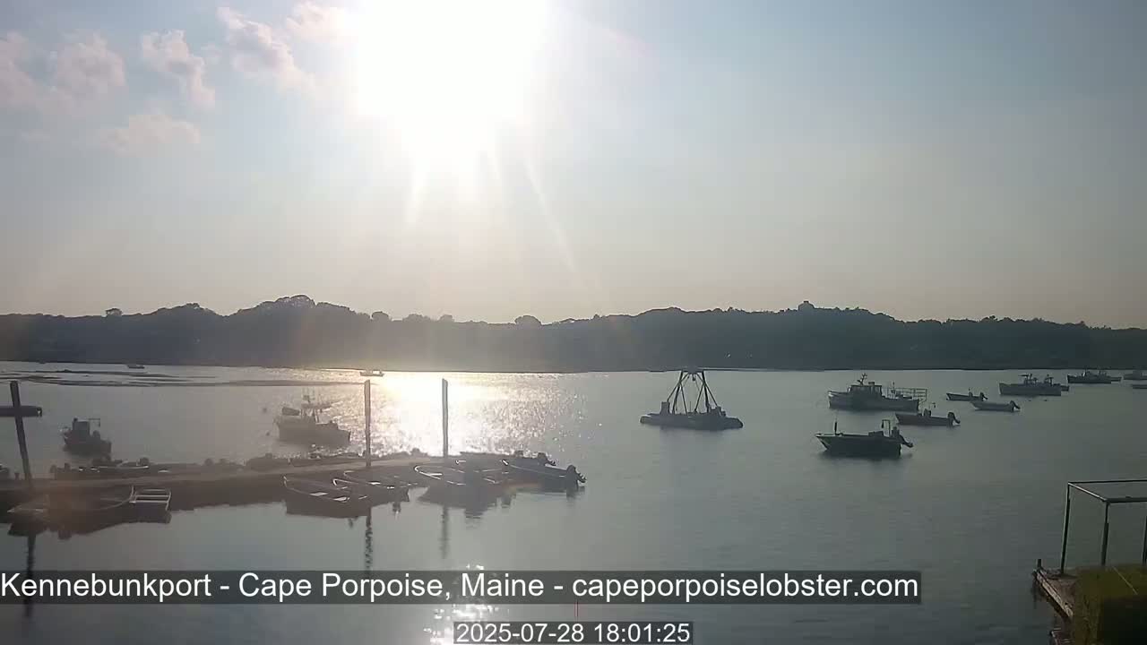Several boats are moored in a calm body of water under a mostly sunny sky, with a landmass visible in the background.