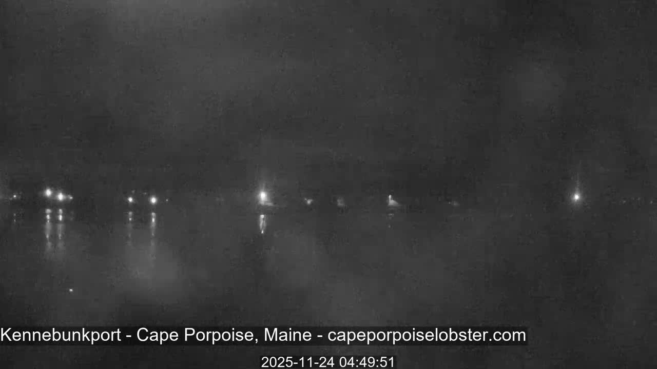 A dark, foggy night scene depicts numerous distant artificial lights reflecting on a body of water.