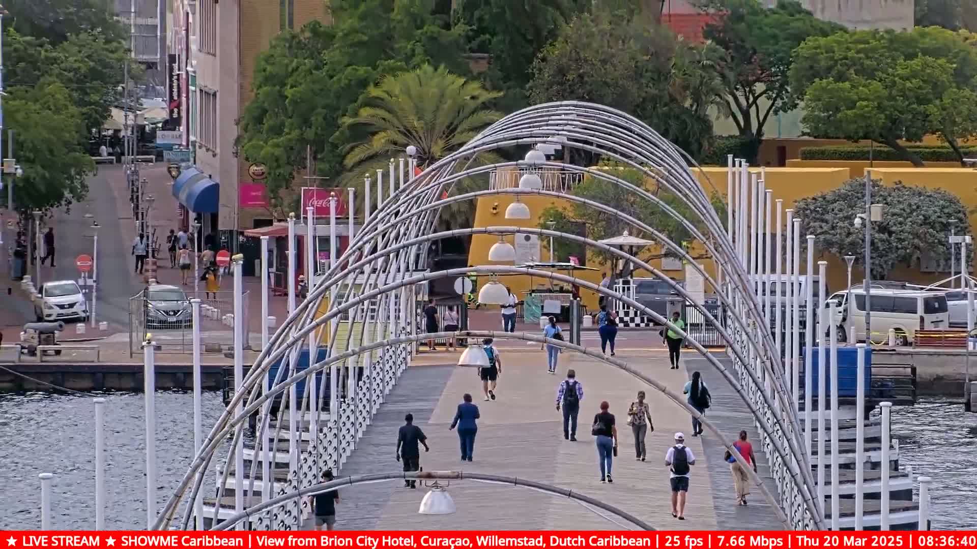 A pedestrian bridge with arched metal supports stretches over water, where people are walking on a sunny day.