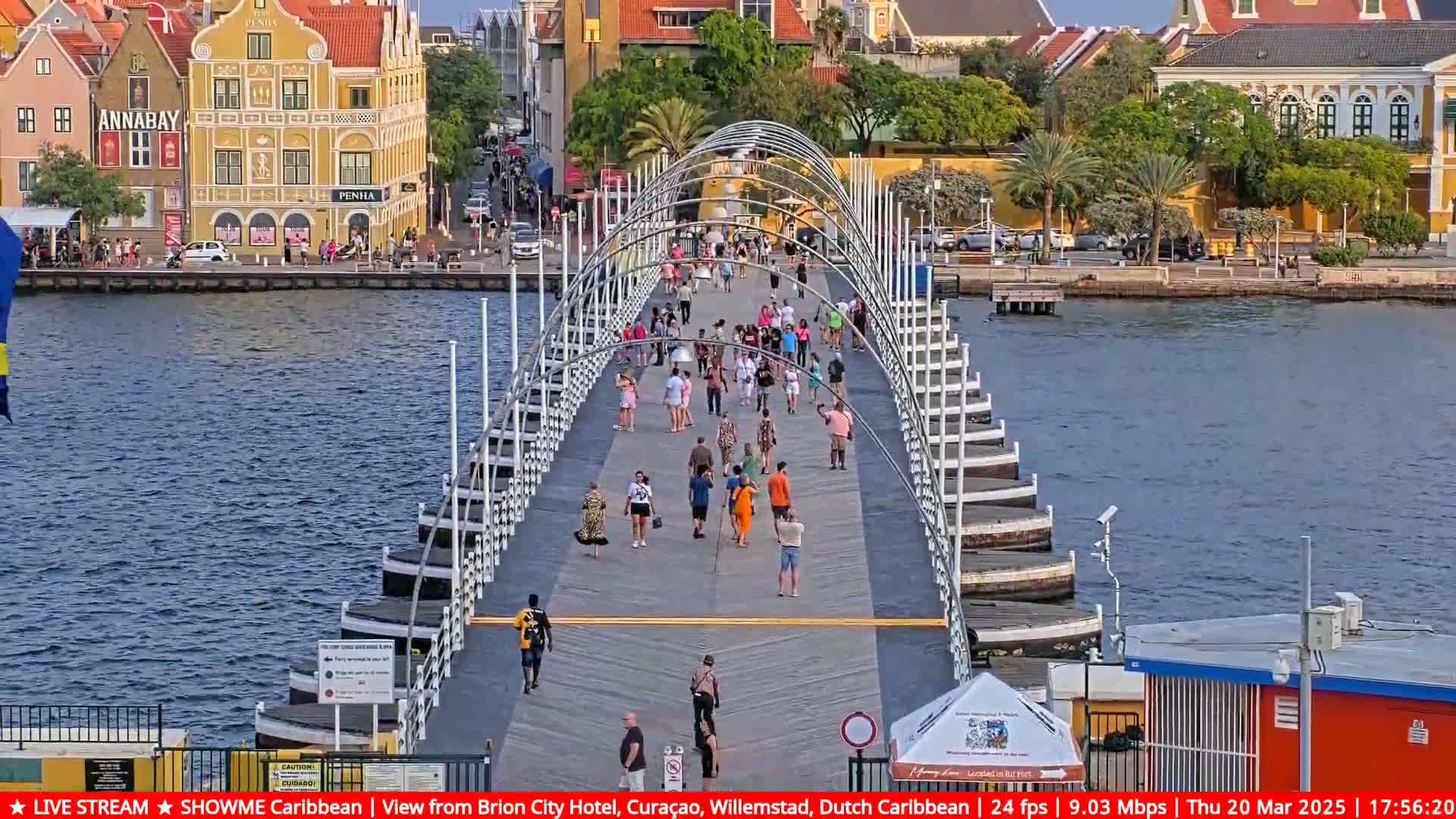 Many people walk across a floating bridge over calm water, with colorful buildings lining the waterfront under a clear sky.