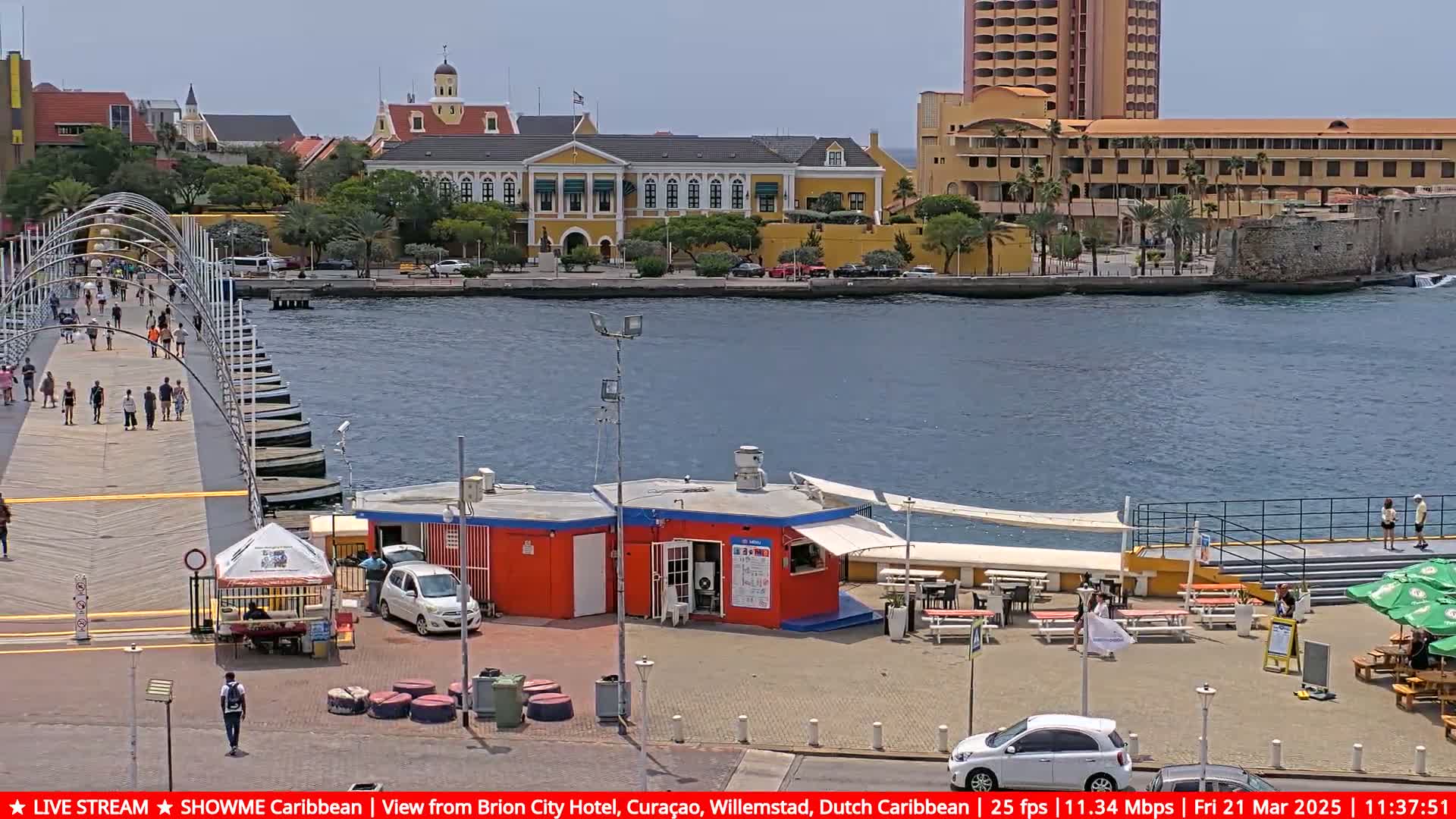 A pontoon bridge with pedestrians, a waterfront with buildings, and a small orange restaurant are visible on a sunny day.