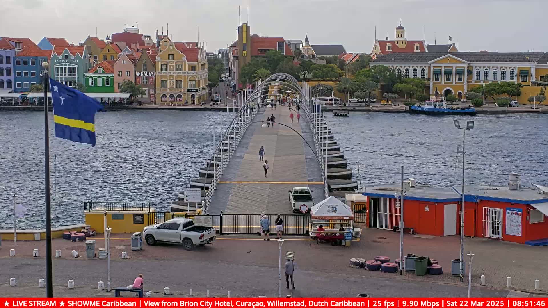 A pontoon bridge stretches across a body of water, with colorful buildings lining the shore under an overcast sky; several people are walking on the bridge.