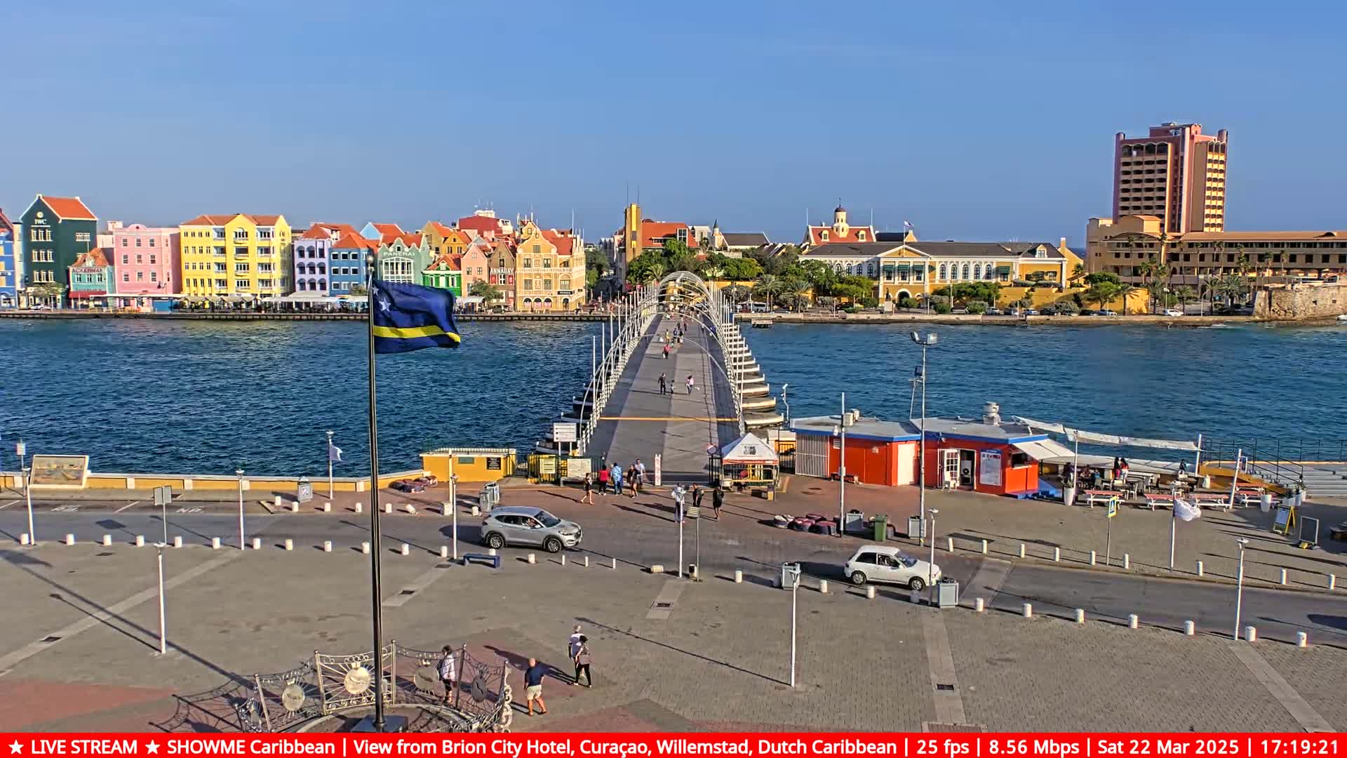 A long bridge extends over water toward colorful buildings under a clear blue sky, with a flagpole and several people visible on the bridge and surrounding area.