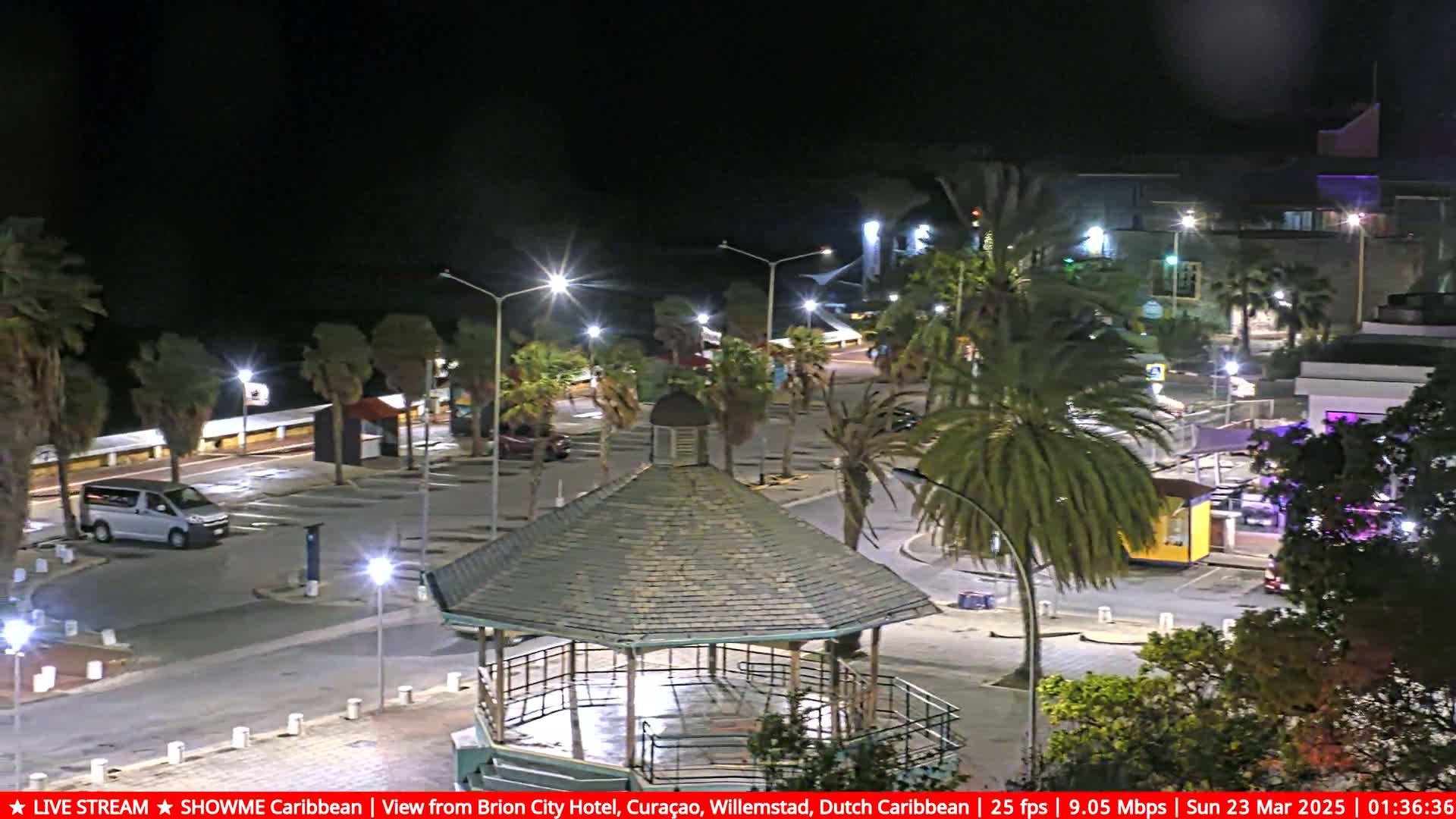 An empty nighttime parking lot with a gazebo in the center, palm trees, and streetlights, overlooking a waterfront under a clear sky.