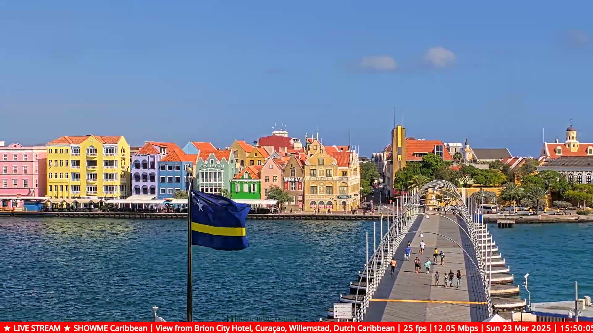 A waterfront view of colorful buildings, a pedestrian bridge, and a calm blue sea under a sunny sky.