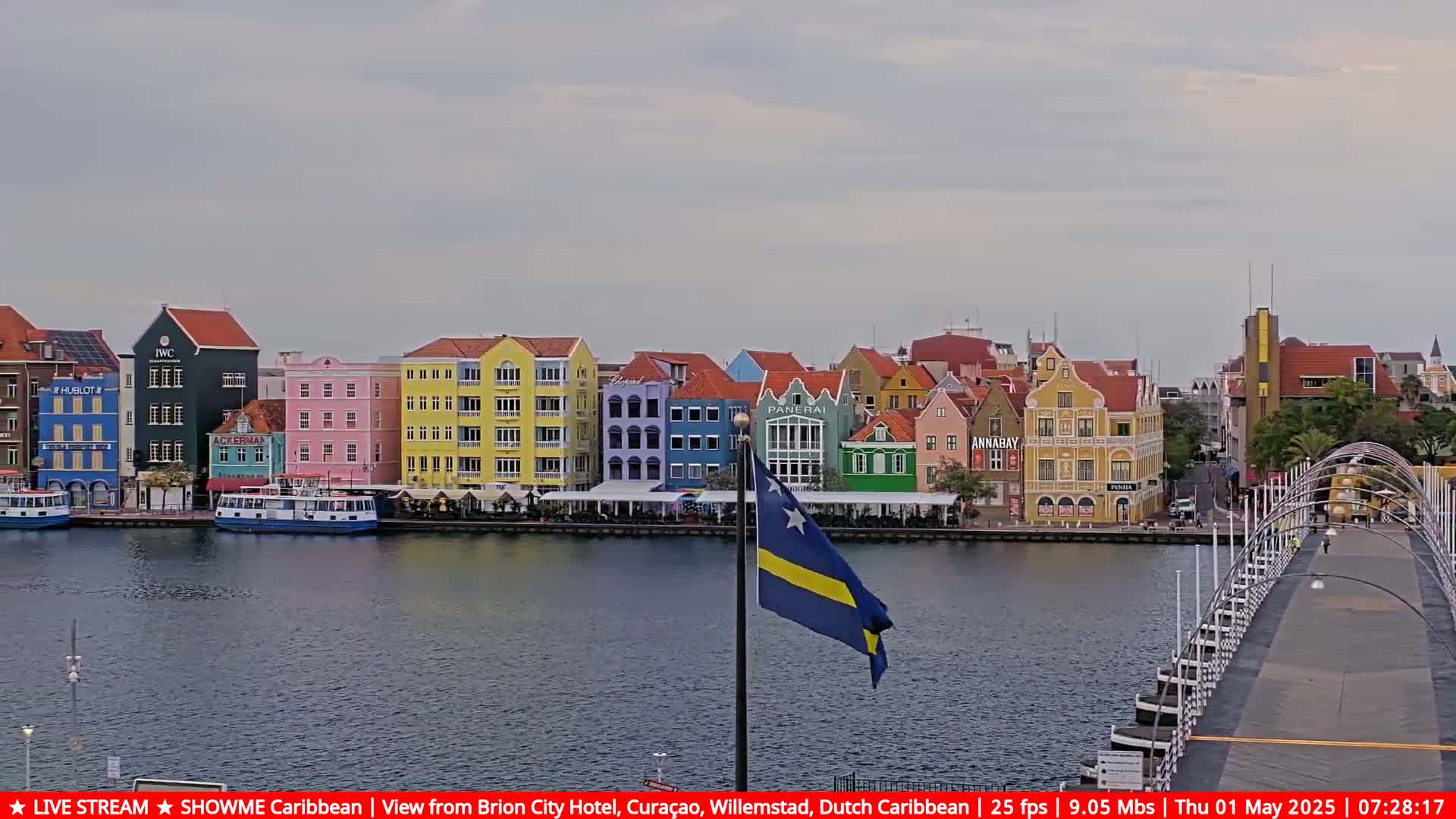 A colorful waterfront town with boats and a bridge, under an overcast sky.
