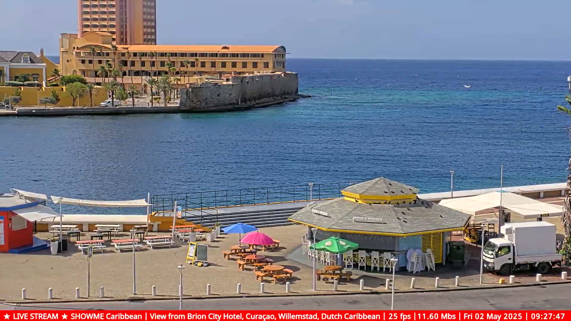 A waterfront scene on a sunny day shows a beachside bar, several tables and umbrellas, a white delivery truck, and a tall building in the background across a calm body of water.