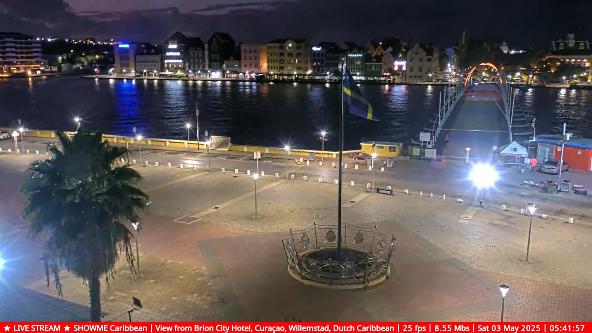 A nighttime view of a waterfront plaza with a palm tree, a flagpole, and a bridge in the background, illuminated by streetlights.