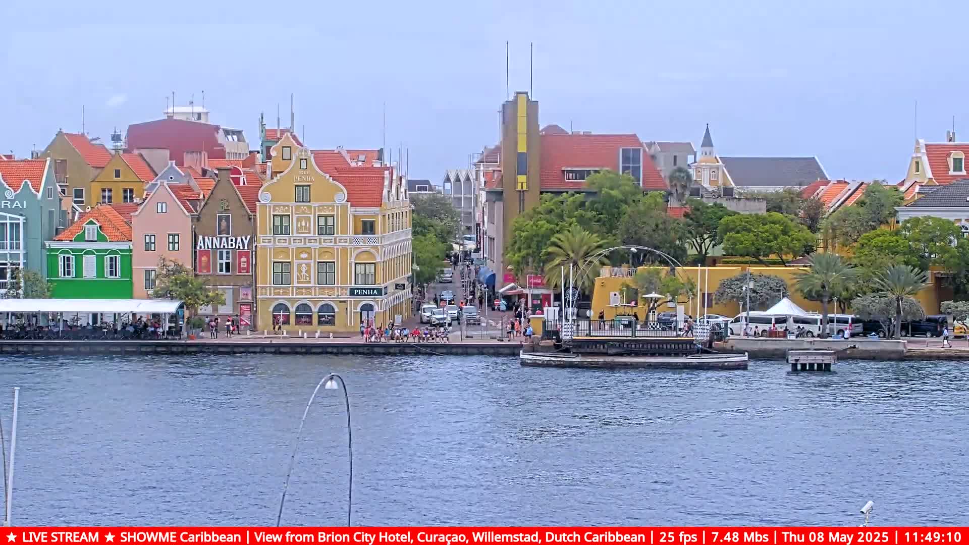 A waterfront view of colorful buildings under a mostly clear sky shows a calm body of water and people walking along a paved walkway.