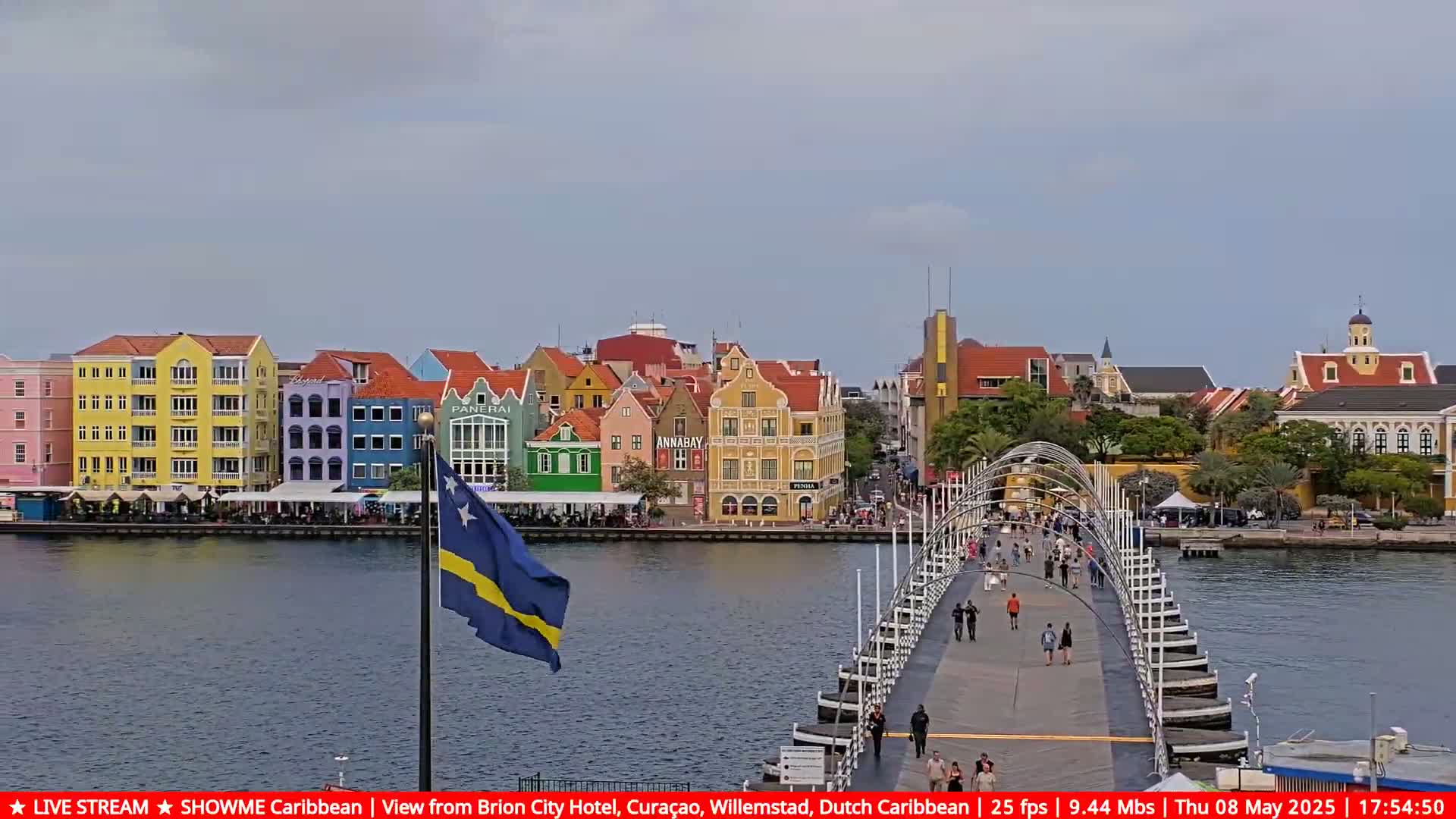 A colorful waterfront city with a pedestrian bridge is seen under a mostly cloudy sky.
