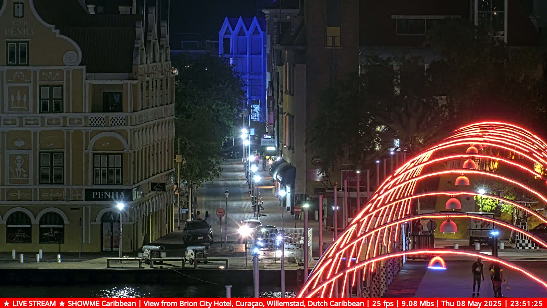 A nighttime street scene shows brightly lit buildings and a pedestrian bridge with red neon lights, under a clear sky.