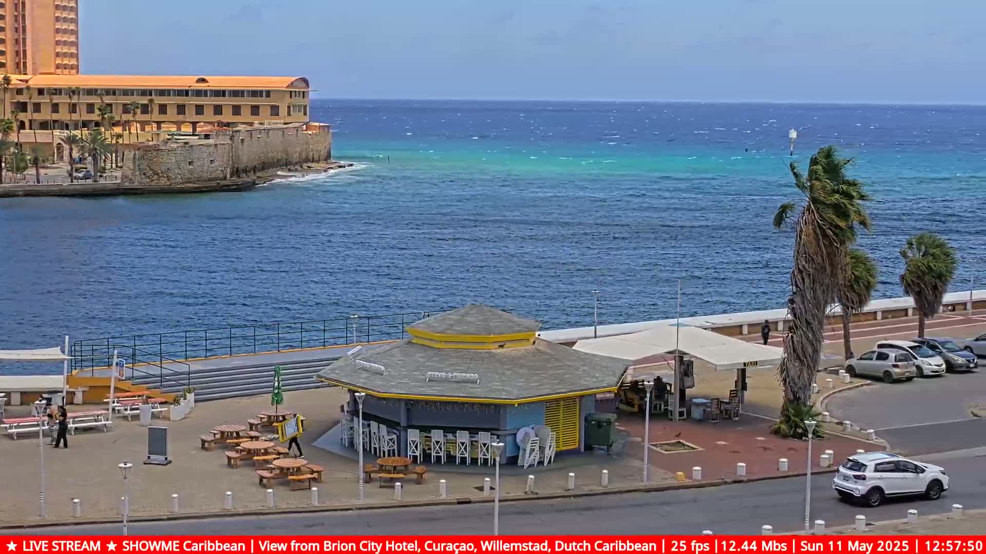 A seaside view shows a small beachfront kiosk with tables and chairs, a paved walkway lined with palm trees and parked cars, and a large building in the background under a sunny sky with a lightly choppy ocean.