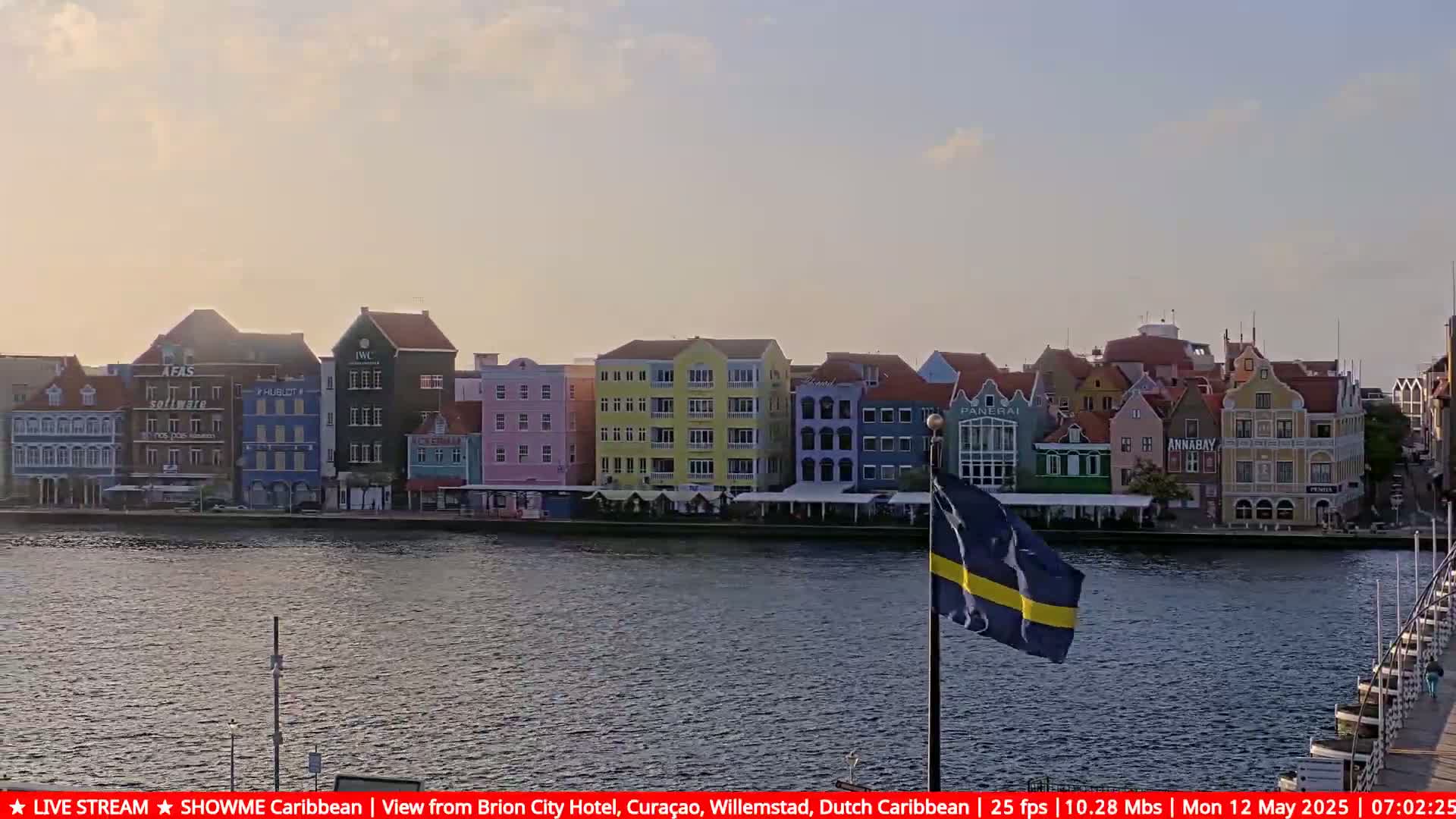 A row of colorful buildings lines a waterfront, with a calm body of water in the foreground and a partly cloudy sky overhead.
