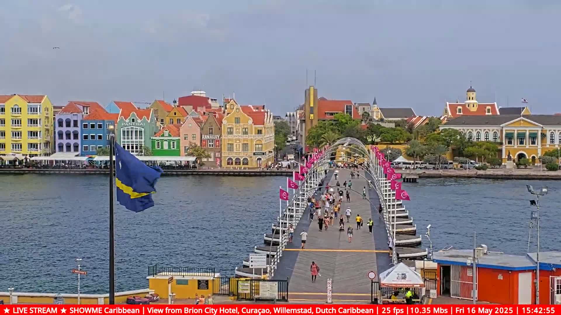 A pontoon bridge with pedestrians crosses a waterway, leading to a colorful waterfront city under a mostly clear sky.