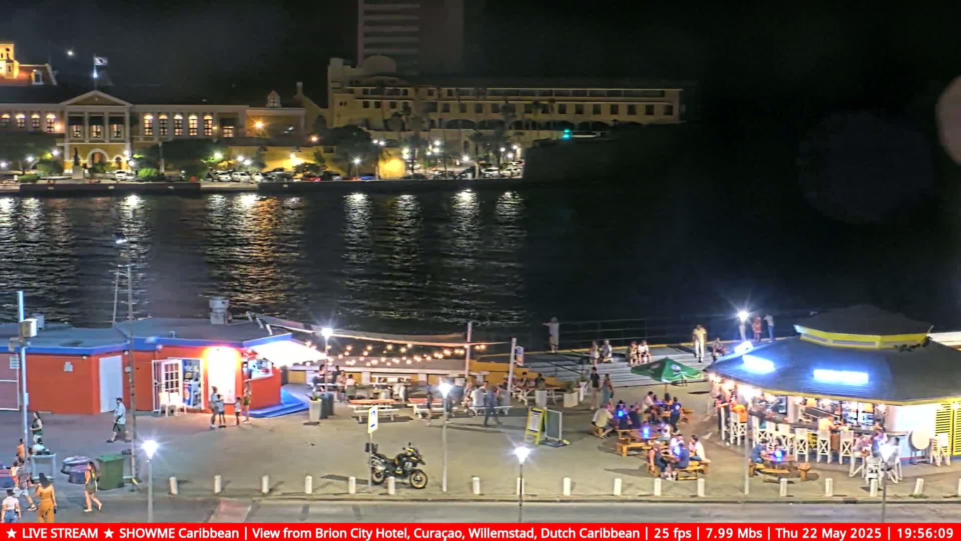 A nighttime waterfront scene shows a calm body of water reflecting lights from buildings and small businesses along the shore, where people are gathered outdoors.