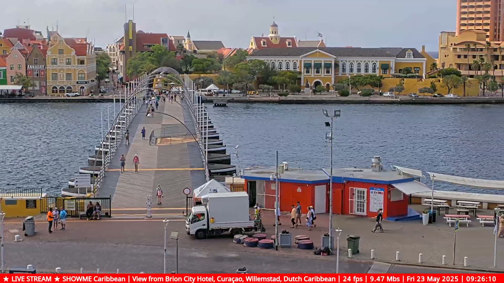 A pontoon bridge stretches across a calm body of water, with pedestrians walking along it and colorful buildings lining the waterfront under a partly cloudy sky.