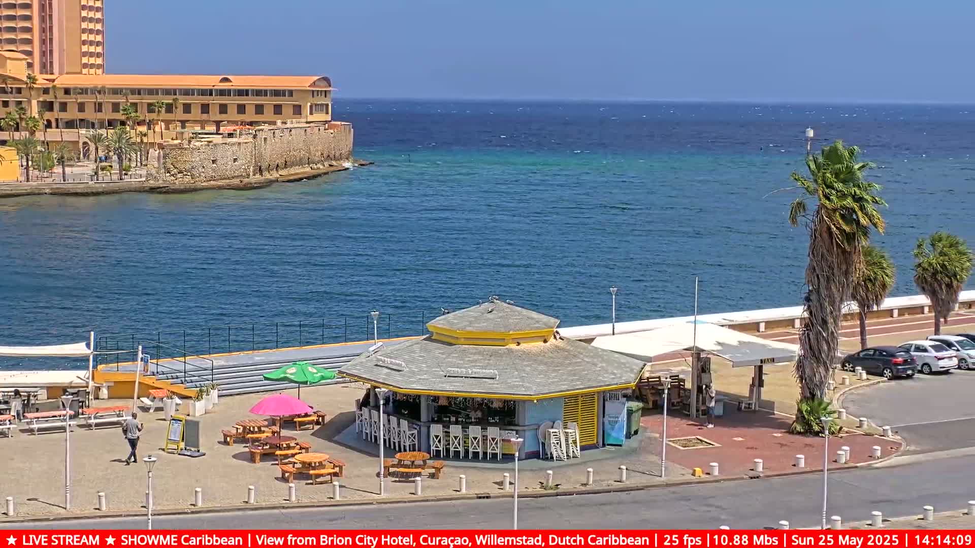A seaside outdoor bar with several tables and umbrellas sits near a calm blue ocean under a clear sunny sky, with a hotel and stone wall visible in the background.