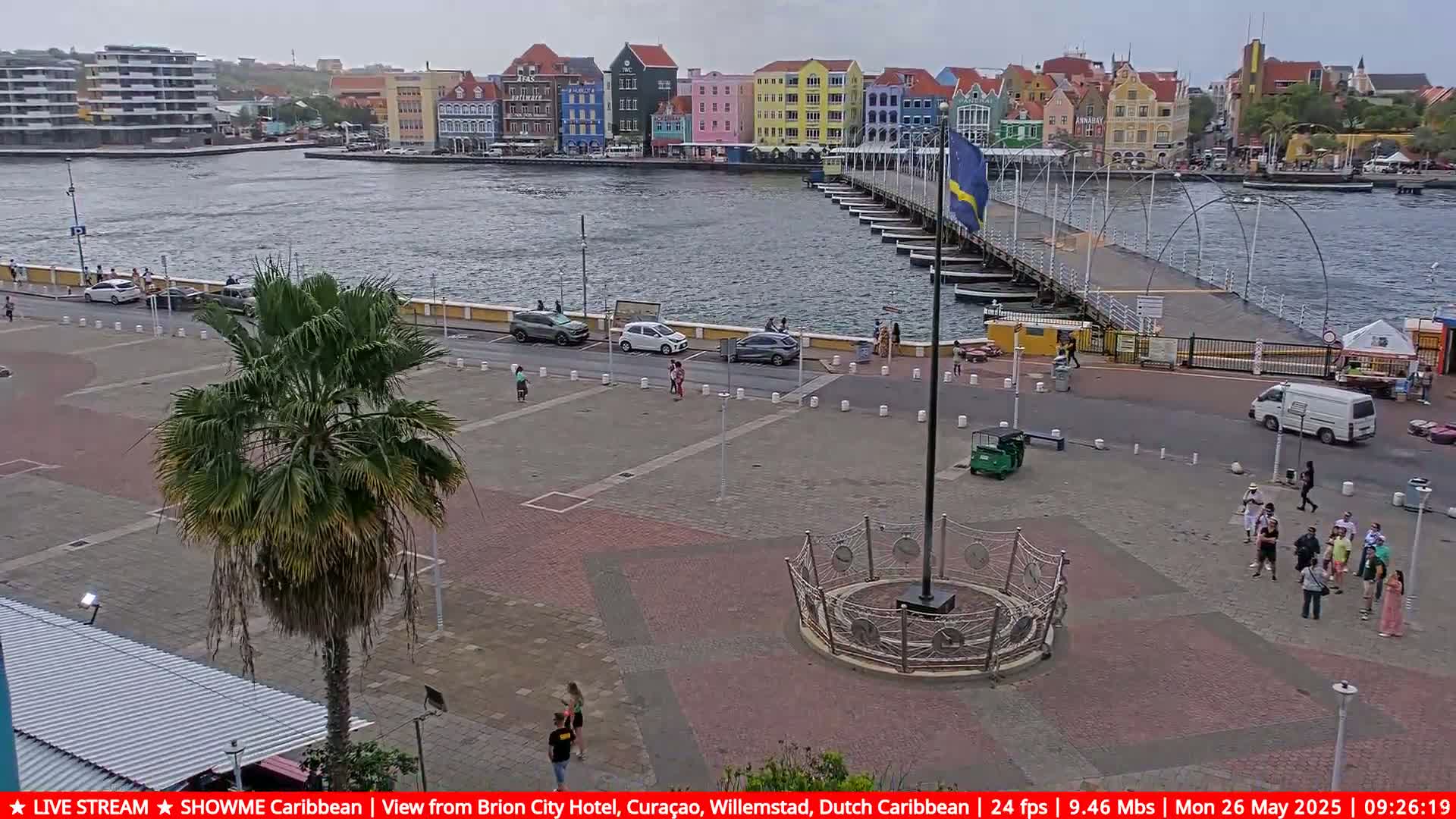 A waterfront plaza with a palm tree and several people, cars, and a pontoon bridge leading to a row of colorful buildings under an overcast sky.