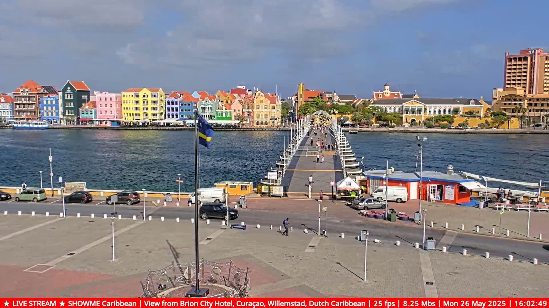 A long pedestrian bridge stretches across a waterway toward a waterfront lined with colorful buildings under a mostly sunny sky.