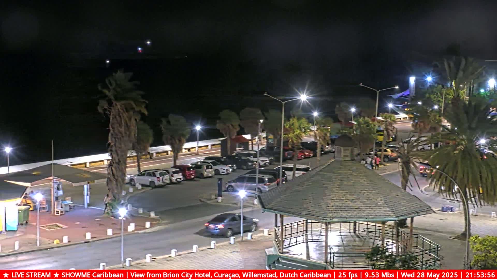 A nighttime view of a seaside parking lot with palm trees, streetlights, and a gazebo, under clear skies.