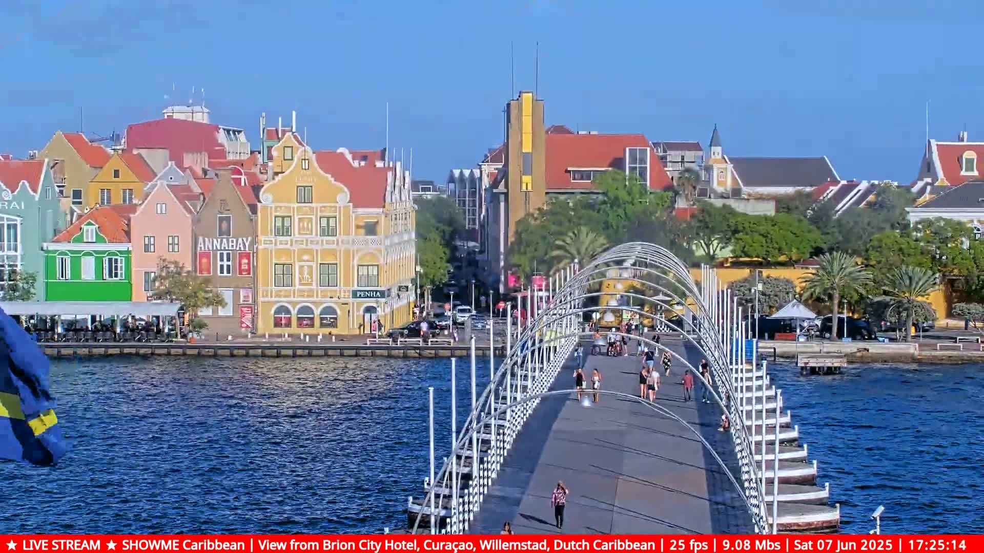 A bridge over a calm body of water leads to a waterfront city of colorful buildings under a clear blue sky.