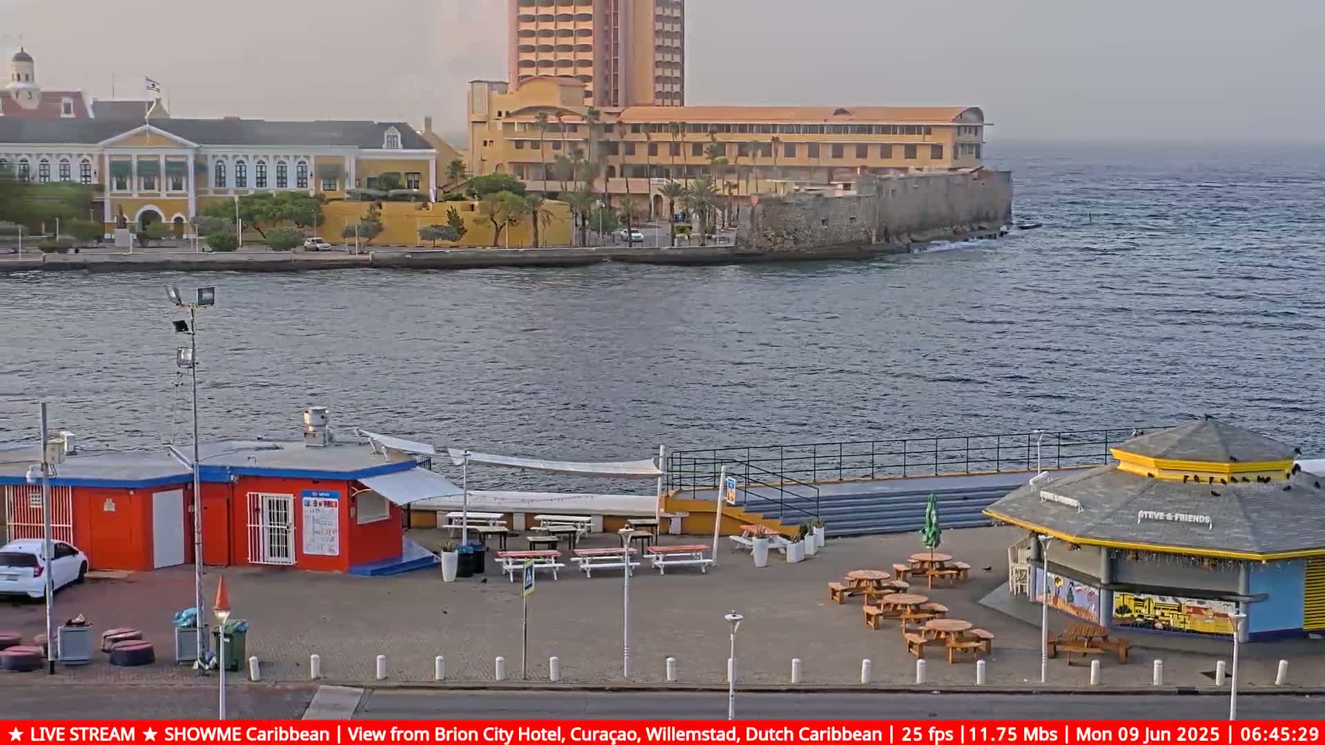 A waterfront scene shows a harbor with a yellow building and a high-rise hotel in the background on an overcast day.
