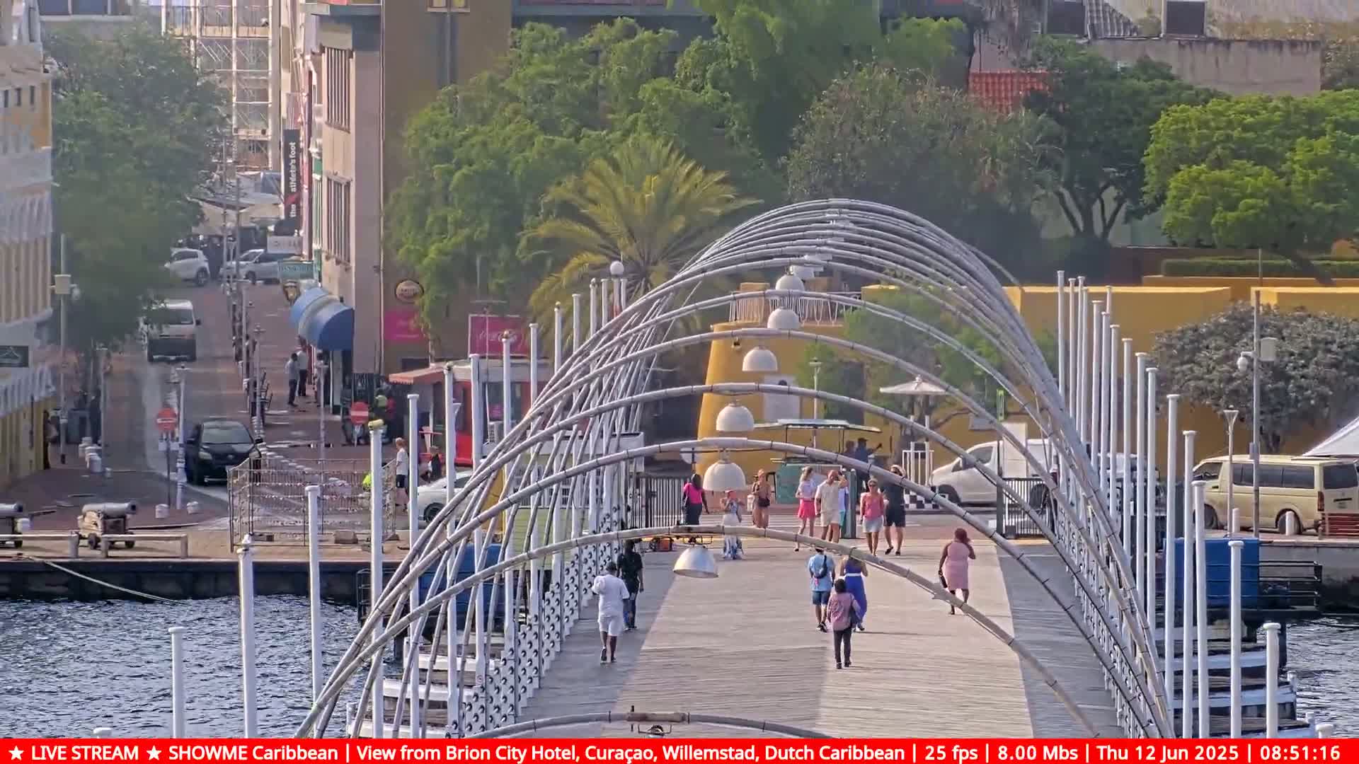 People walk along a modern pedestrian bridge with arched metal supports over a waterway, under a sunny sky.