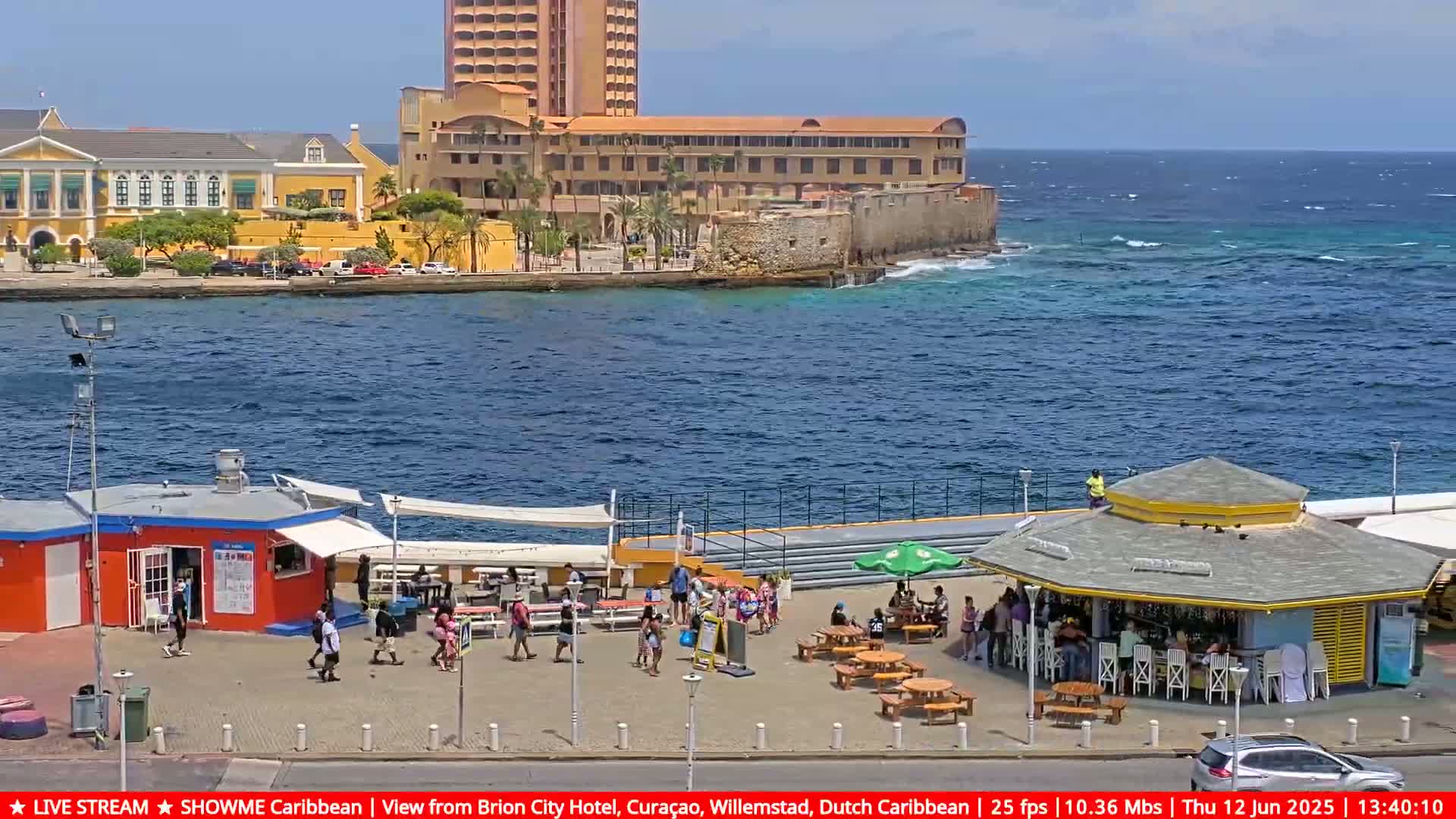A waterfront scene shows a calm ocean with a shoreline featuring buildings, a few small kiosks, and people enjoying the outdoors under a mostly sunny sky.