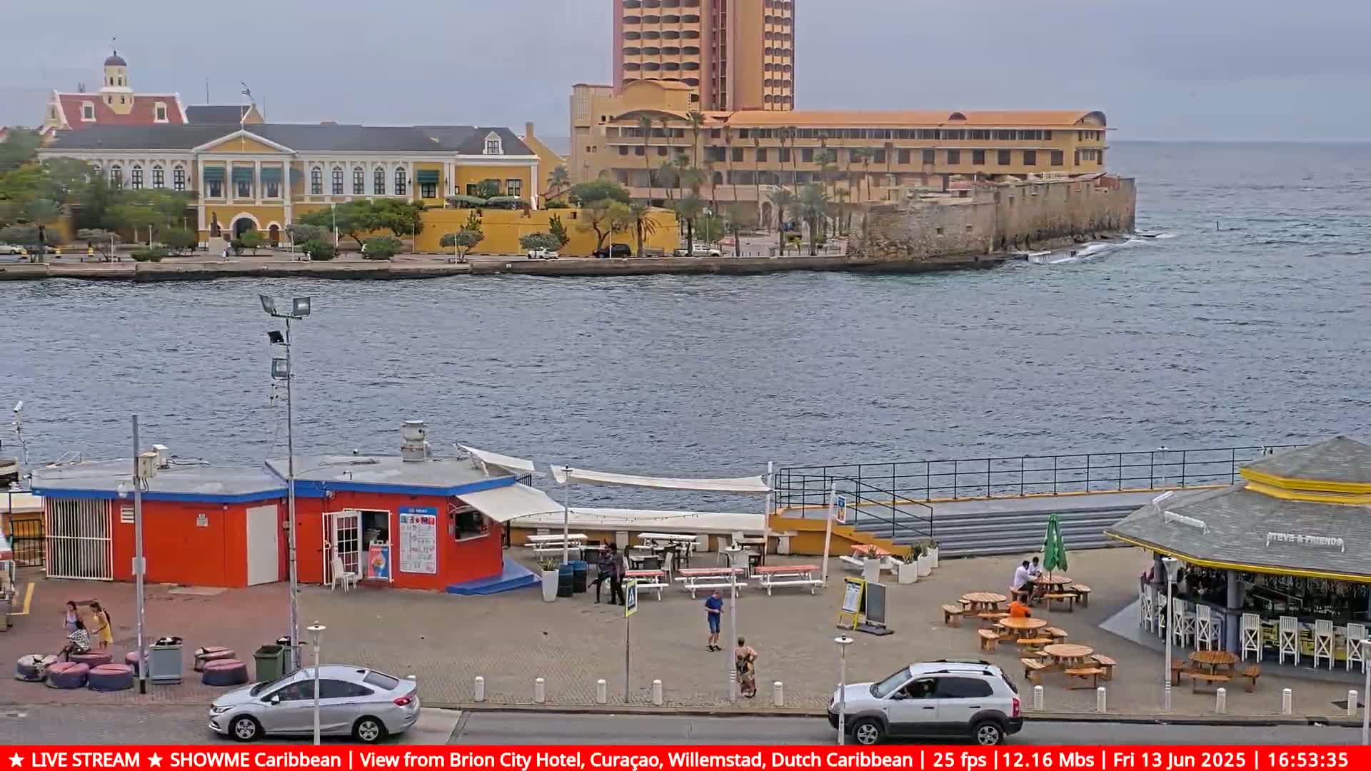 A waterfront scene shows a calm body of water with a yellow building and a tall hotel in the background, under overcast skies, featuring a plaza with outdoor seating and small kiosks.