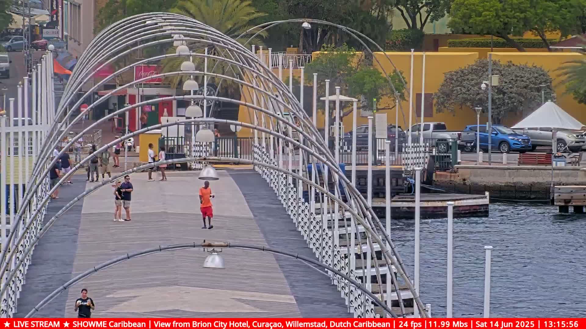 A pedestrian bridge with arched metal supports extends over water, with people walking on it and cars parked nearby under an overcast sky.