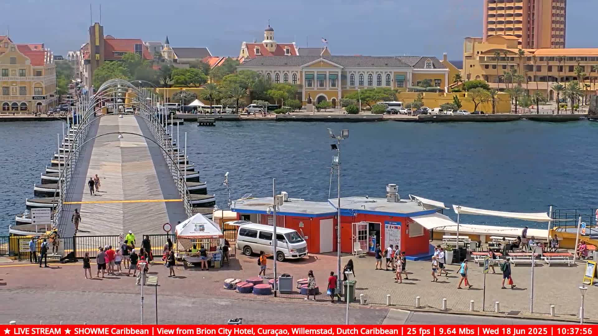 A pontoon bridge extends across a calm body of water on a sunny day, with people walking across it and along the waterfront, towards buildings and shops.