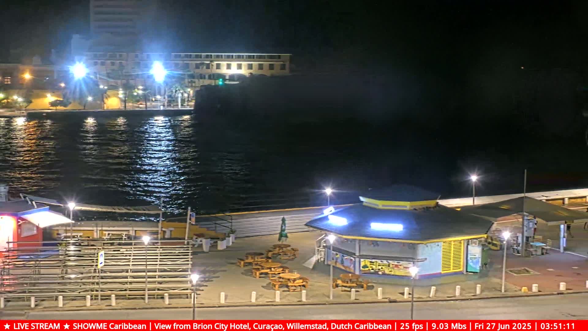 A nighttime waterfront scene shows a body of water reflecting lights from buildings and a shoreline with outdoor seating and small kiosks.