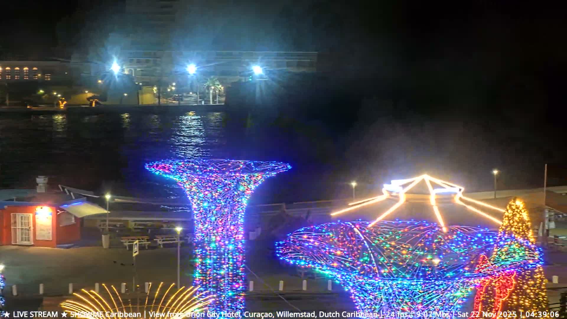 It's a clear night scene of a vibrant waterfront promenade adorned with numerous colorful holiday lights, including abstract tree-like structures, a gazebo-like display, and a traditional Christmas tree, with buildings across the water reflecting their illumination.