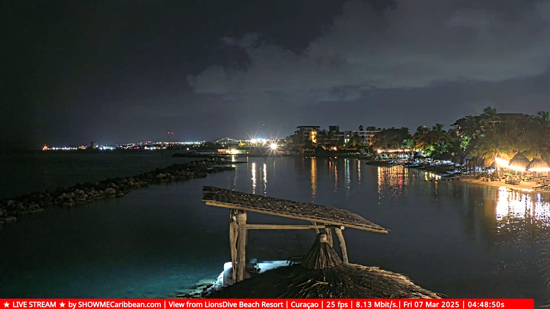 A nighttime view of a calm body of water, reflecting the lights of a resort town under a partly cloudy sky.