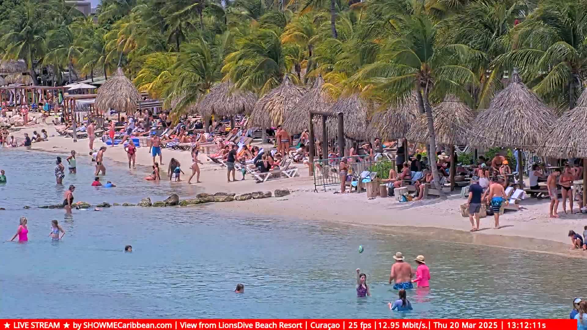 A sunny beach scene shows many people swimming and sunbathing near calm, shallow water, under numerous thatched-roof beach umbrellas and palm trees.