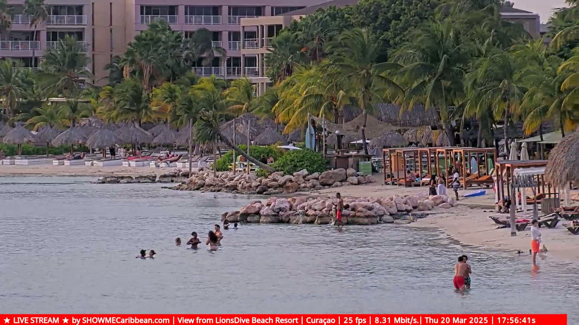 A sandy beach with calm water, palm trees, beach umbrellas, and a resort building in the background; people are swimming and relaxing on the beach.