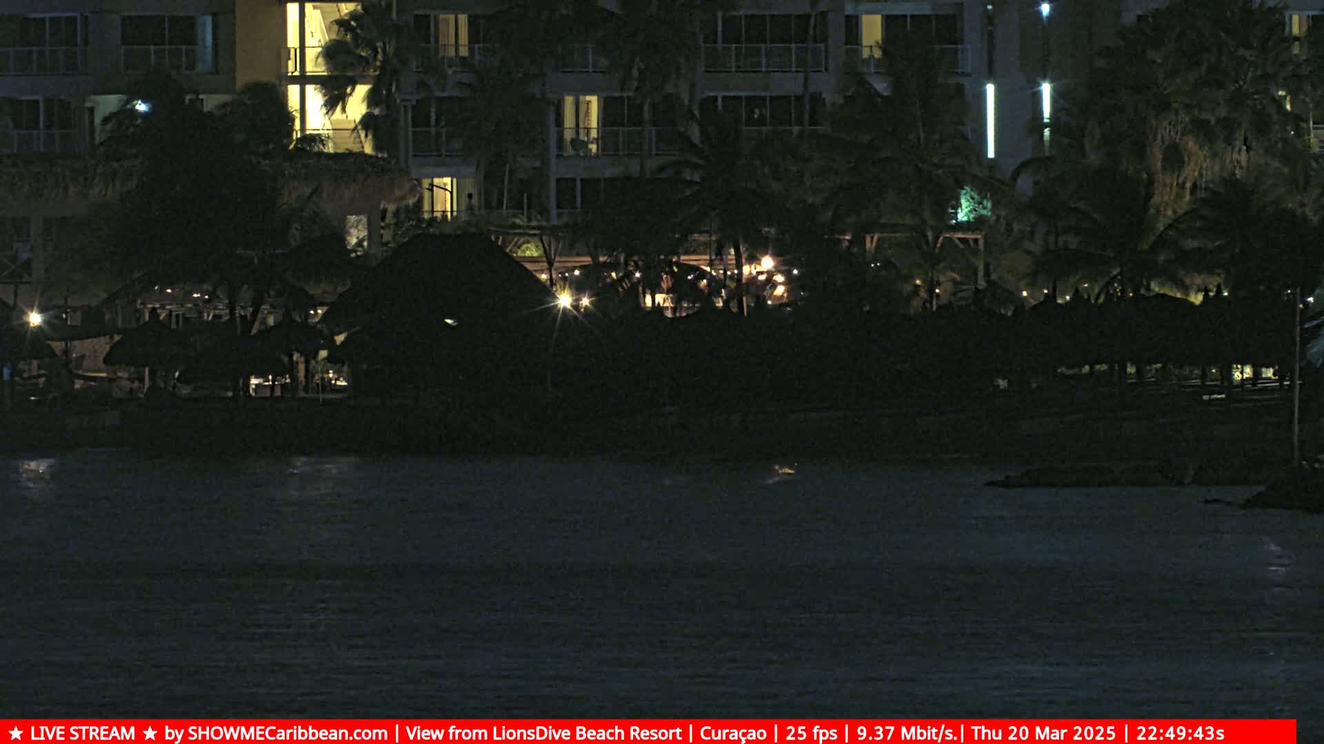 A dark, nighttime scene shows a resort with dimly lit palm trees, beach umbrellas, and a building illuminated along the shore of a calm body of water.