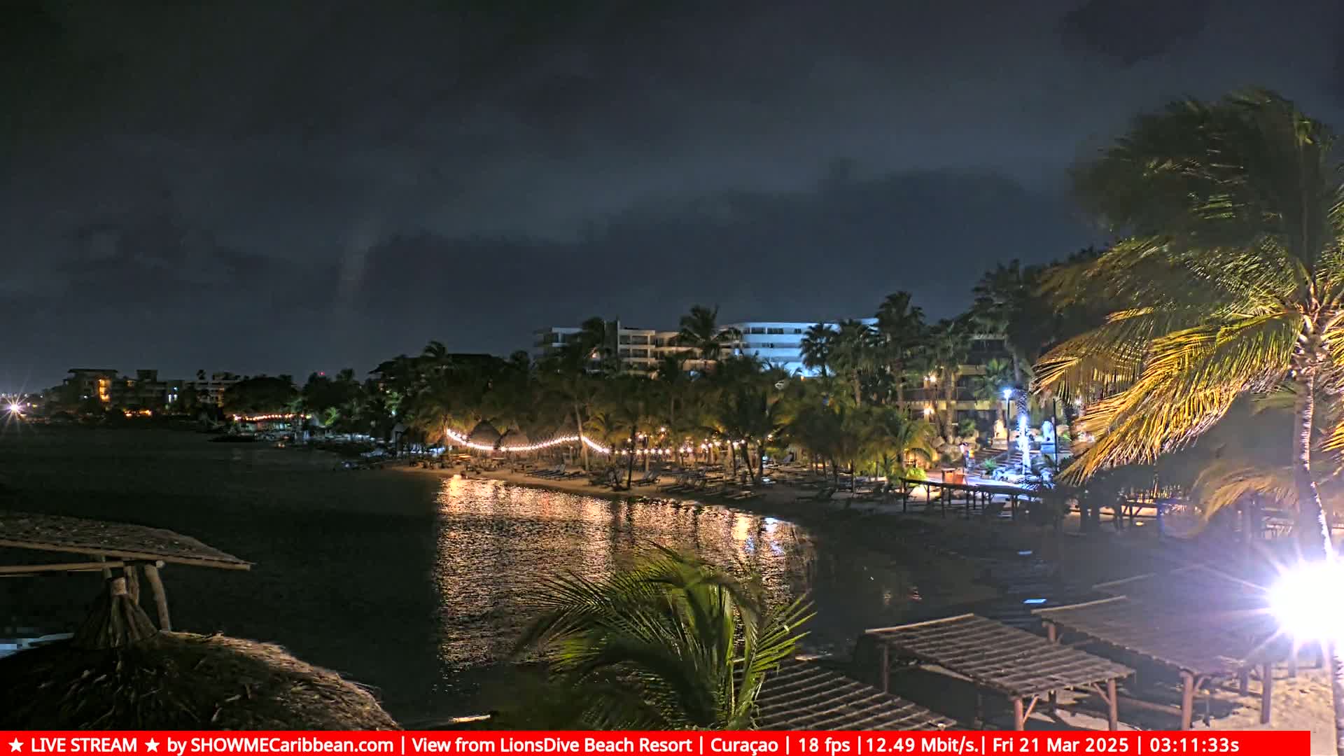 A nighttime view of a beach resort with palm trees, string lights, and calm water under a dark, cloudy sky.